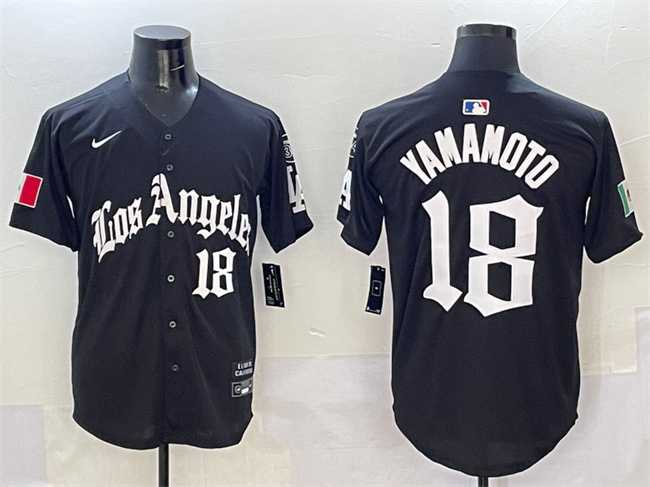Men%27s Los Angeles Dodgers #18 Yoshinobu Yamamoto Black Mexico 2025 LA Gothic Style With Fernando Patch Vapor Premier Limited Stitched Jersey